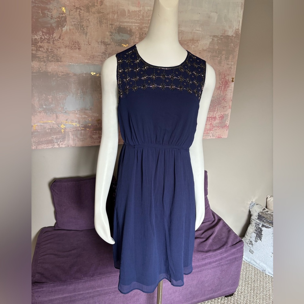 Thyme Maternity Navy Sleeveless Midi Dress with Gold Accents Size M